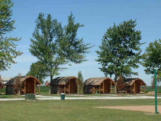A row of camper cabins under the trees