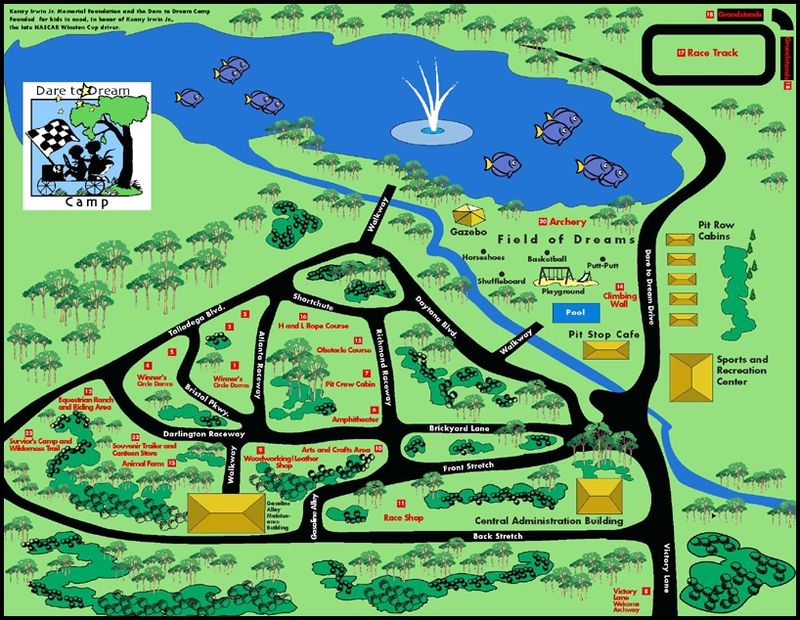 Illustrated site map of the Dare to Dream Camp: lake, cabins, fields and buildings