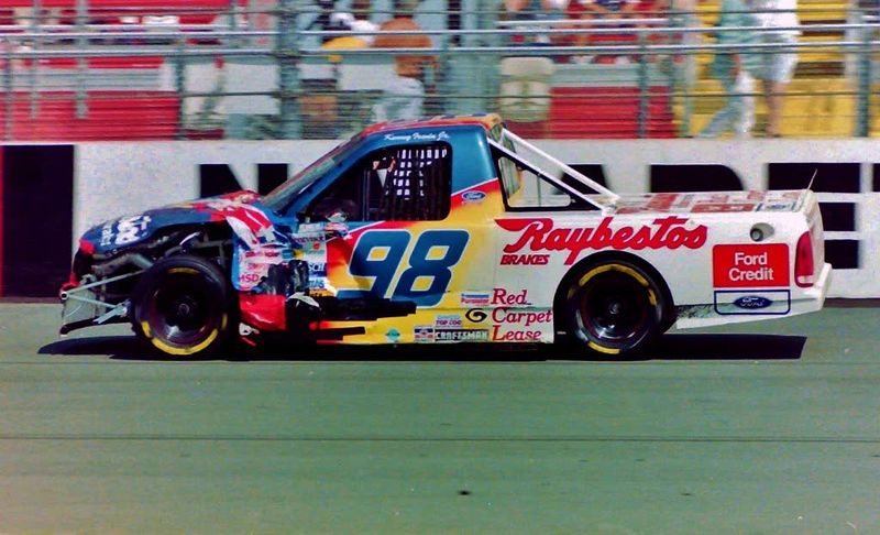 Kenny Irwin Jr.'s damaged No. 98 Ford truck at Nazareth Speedway, June 1997