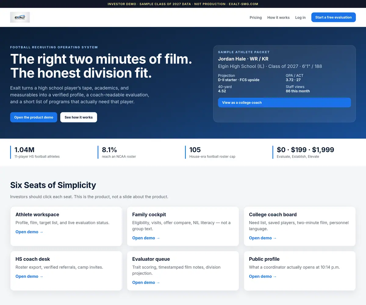 Exalt Sports Management home page, desktop, full length